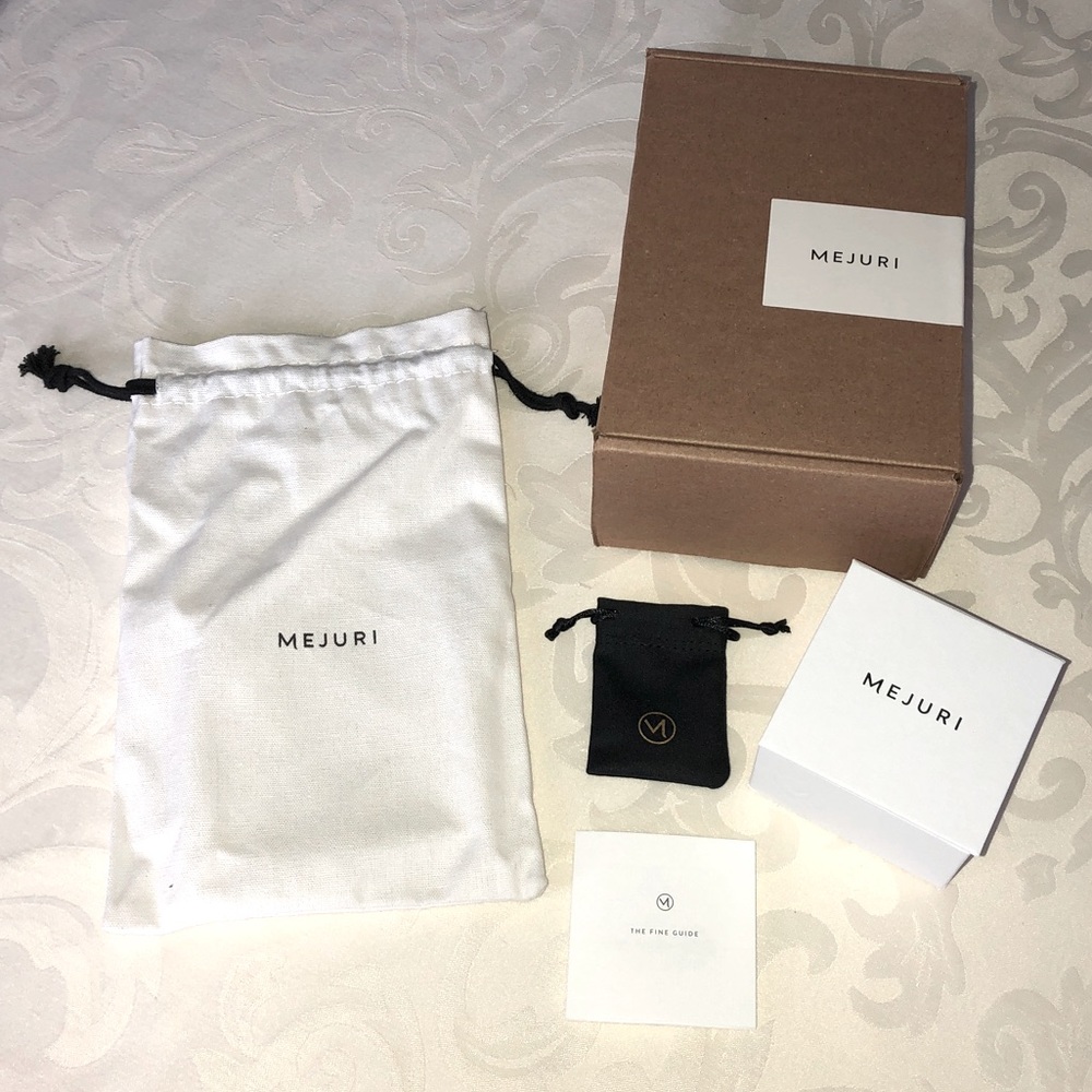 Mejuri box, pouch, dust bag and shipping box